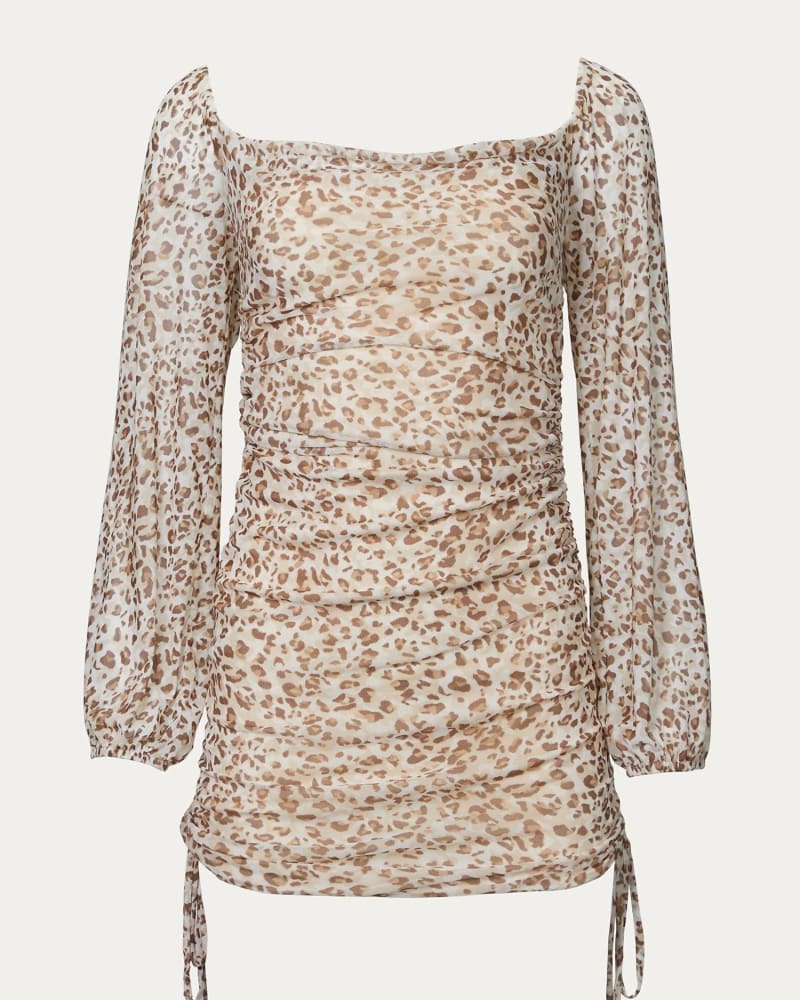 Front of a size L Leopard Mesh Mini Dress in Taupe/Mocha in Taupe/Mocha by ENDLESS BLU.. | dia_product_style_image_id:337198